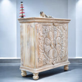 Indian Hand Carved Solid Wooden Cabinet 90x40x90cm Whitewash 02